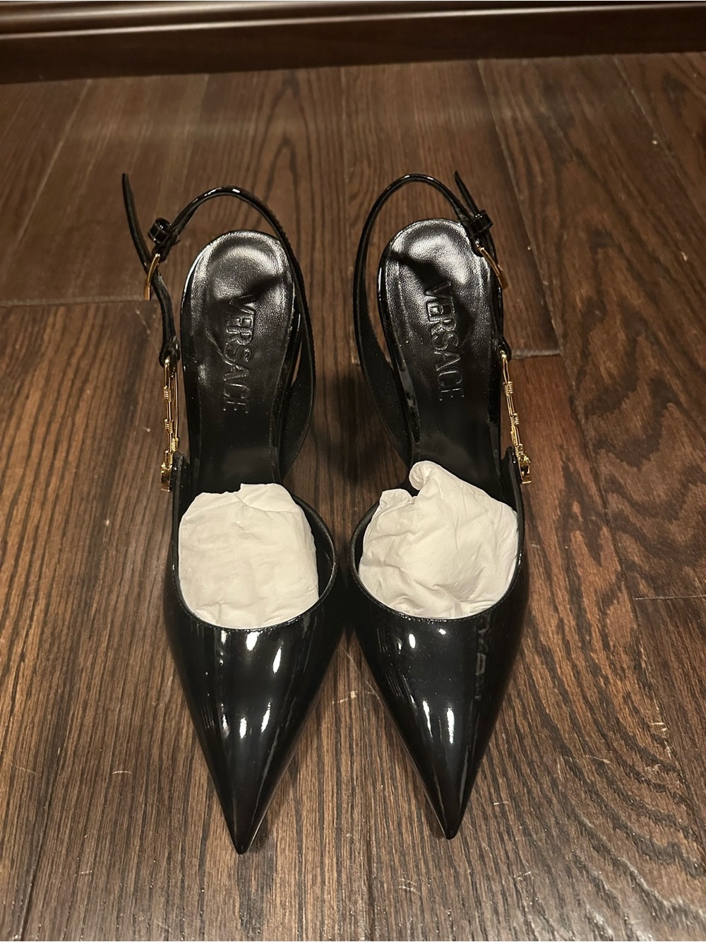 Black Patent Leather Pointed-Toe Slingback Pumps with Gold Accent include box - Picture 9 of 9
